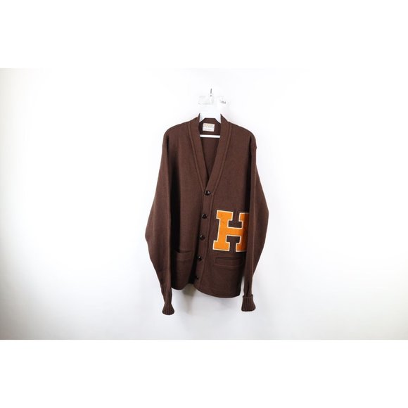 Vintage 60s Mens 42 Knit Button Varsity Letterman Cardigan Sweater USA Brown